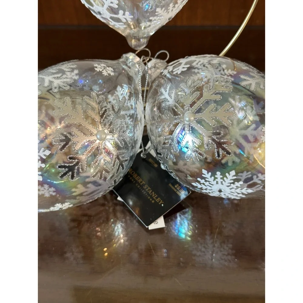Robert Stanley Iridescent Glass Snowflake Ornaments Set of 3 Teardrop 6'' Jumbo